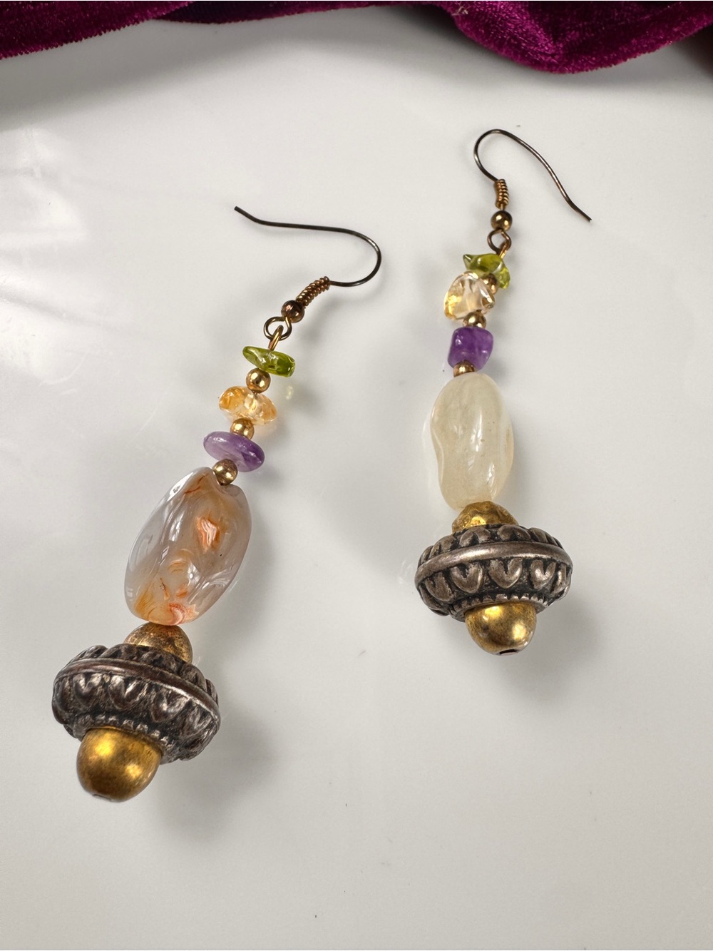 Fluorite & Amethyst Stone Drop Earrings - Gold & Mixed Gem Tones - Picture 6 of 8